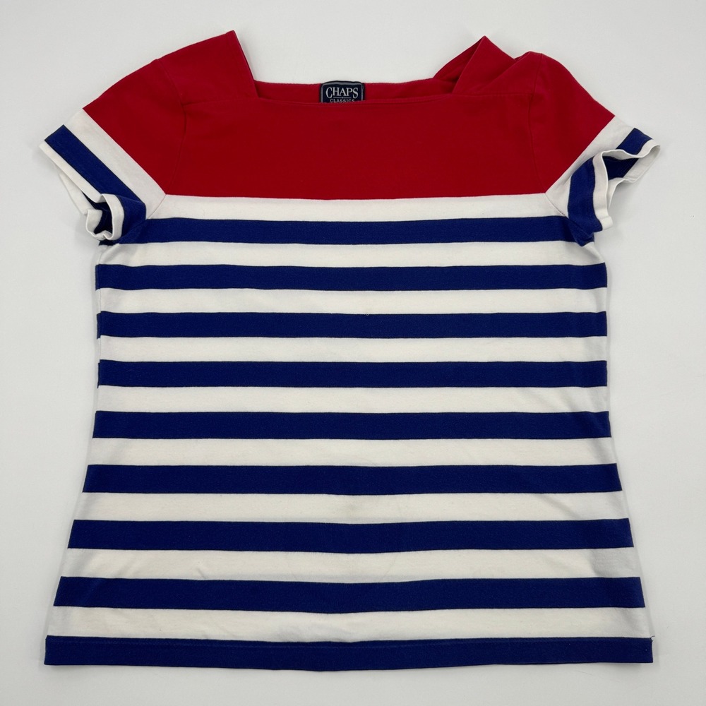 Chaps Striped Top Womens Large Red Navy White Square Neck Short Sleeve Nautical